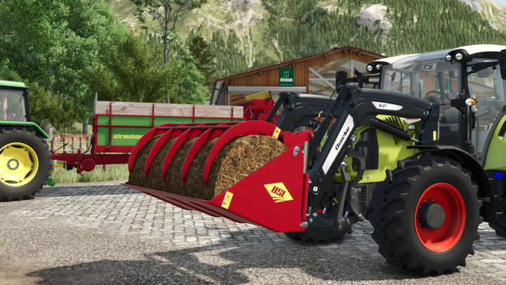 fs25-mods,  Strautmann GS 1750 mod in FS25, showing hay bales on a front loader by a tractor, set in a scenic farm environment.