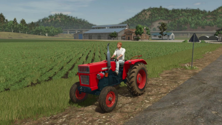 fs25-mods,  Universal 445 tractor mod in FS25 driving through a farm field.