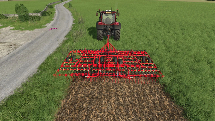 fs25-mods,  FS25 mod Väderstad NZ 600 cultivating a field with a red tractor in Farming Simulator 25.