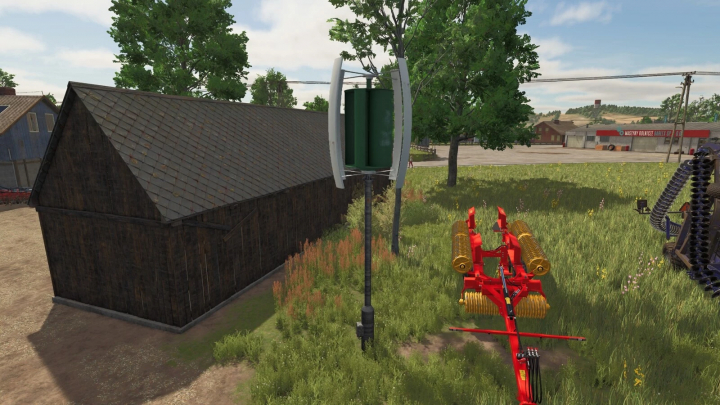 fs25-mods, Vertical Axis Wind Turbines mod in Farming Simulator 25 featuring a green turbine and farm structures. FS25 mods enhance gameplay realism.