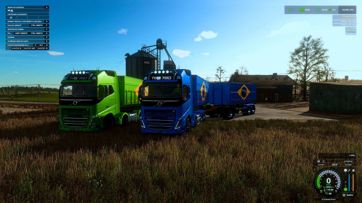 fs25-mods,  Farming Simulator 25 mods image featuring Volvo FH16 780 trucks, one green and one blue, with trailers in a farm setting.