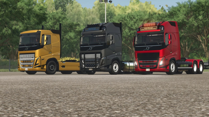 fs25-mods,  Volvo FH16 trucks in yellow, black, and red from FS25 mods, Farming Simulator 25.