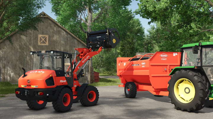 fs25-mods, Ålö Frontloader Tools mod in Farming Simulator 25, featuring a red front loader and a green tractor. FS25 mods environment.