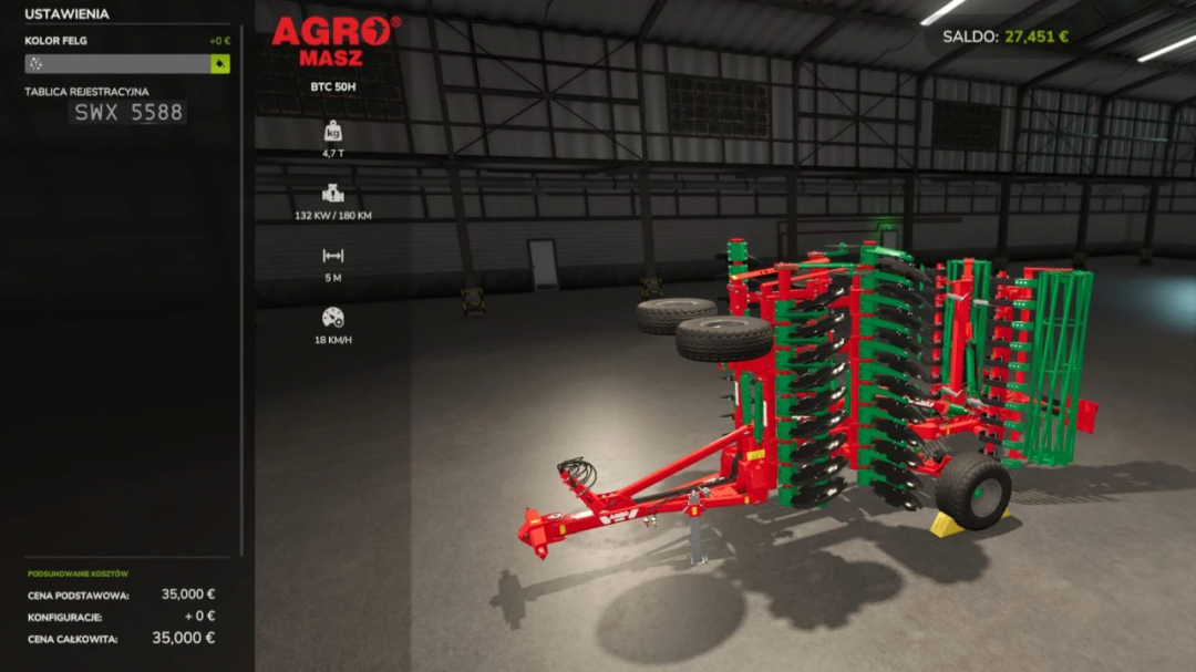 FS25 mod Agro-Masz BTC 50h v1.0.0.2 displayed in a virtual garage setting, showing specifications and price details.