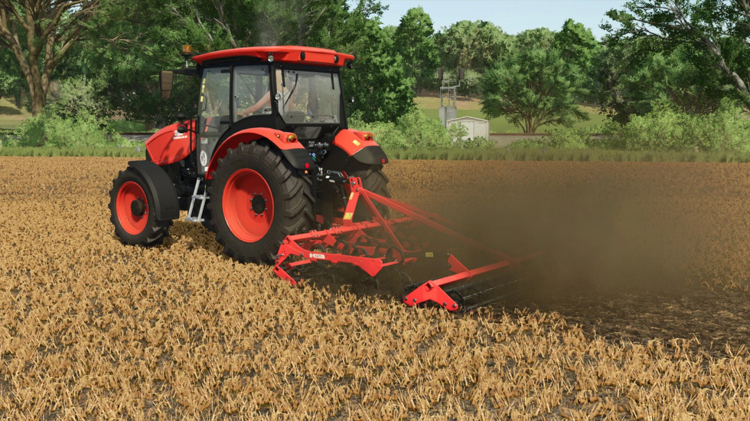 FS25 mod Akpil Rylec v1.0.0.0 in action, showcasing a tractor with a harrow attachment working on a field.