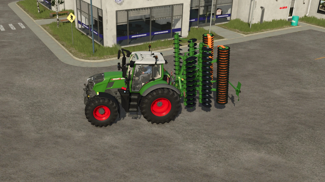 FS25 mod Amazone Catros 6002 v1.0.0.0 with green tractor in parking lot