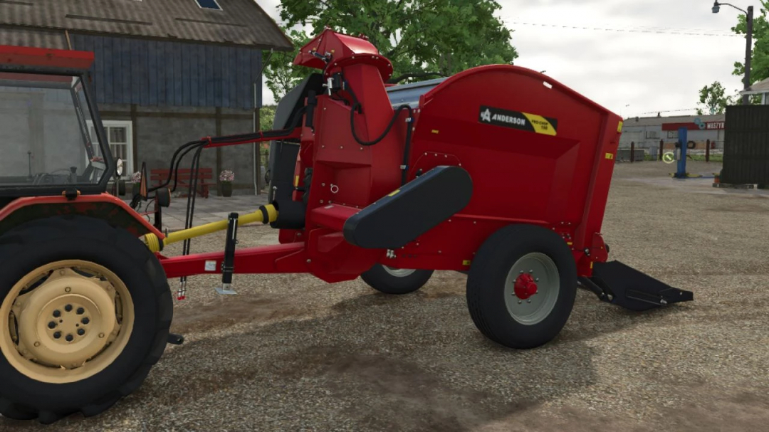 Anderson Pro Chop 150 mod in FS25, attached to a tractor, set in a farmyard scene.