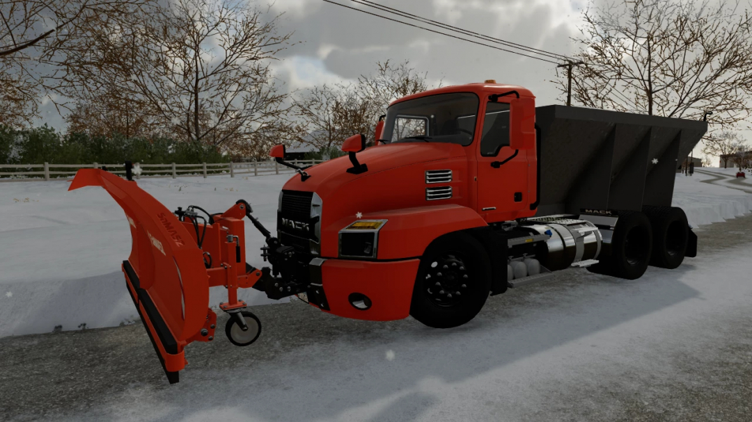 FS22 mod Anthem 6x4 Snow Fighter truck on a snowy road in Farming Simulator 22.