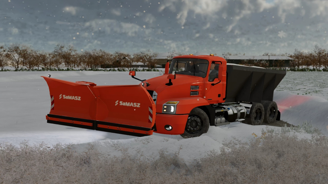 FS22 mod Anthem 6x4 Snow Fighter v1.0.0.0 in a snowy landscape with Samasz snow plow attached.