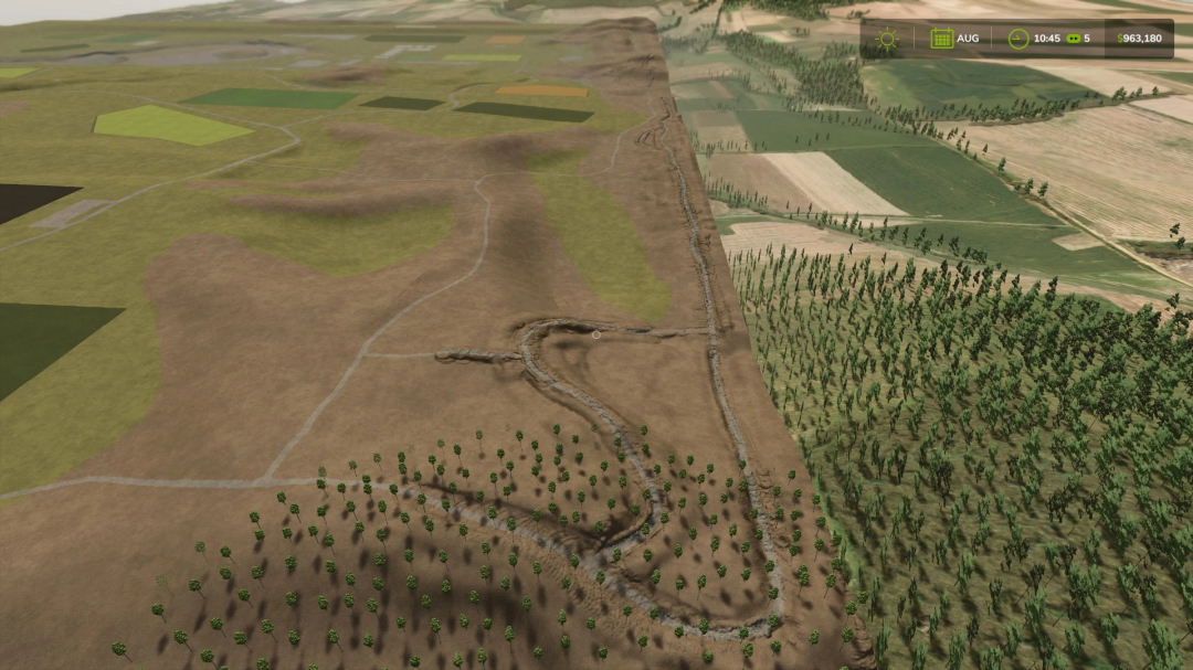 Aerial view of Back Yonder Acres map mod in FS25, showcasing fields, trees, and a winding path.