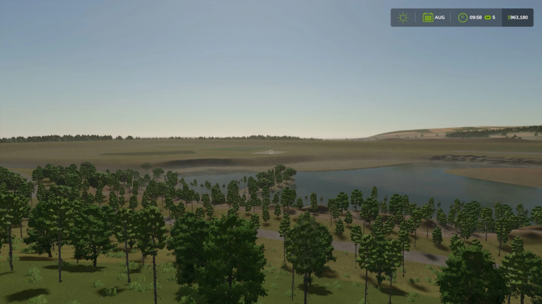 Scenic view of Back Yonder Acres map in FS25 with trees and a lake under a clear sky.