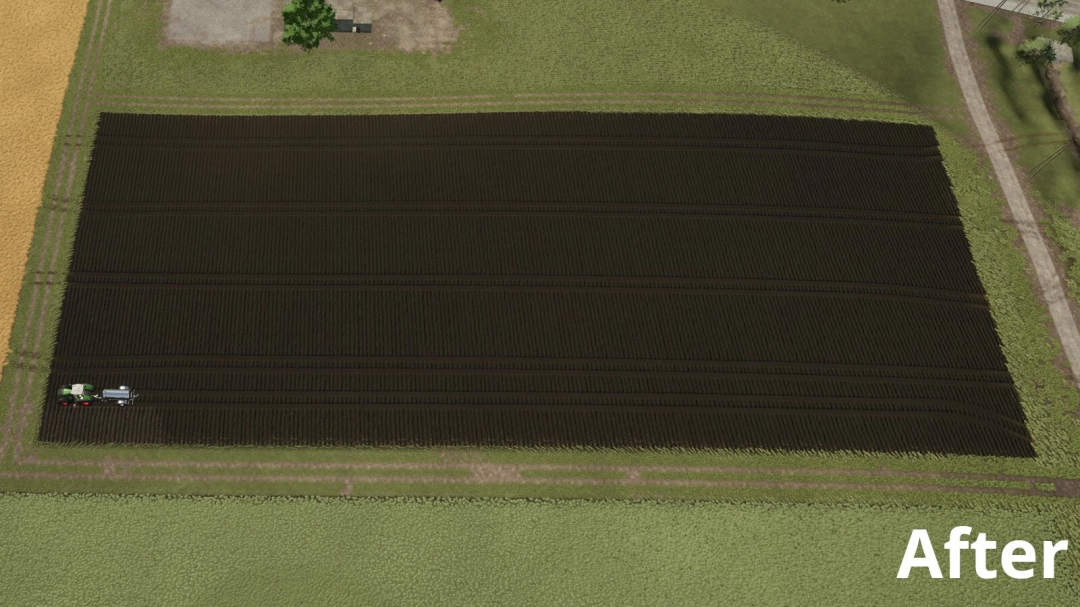 Aerial view of plowed field in FS25 mod Better Animal Waste Products, showing enhanced soil quality. Text 'After' on the image.