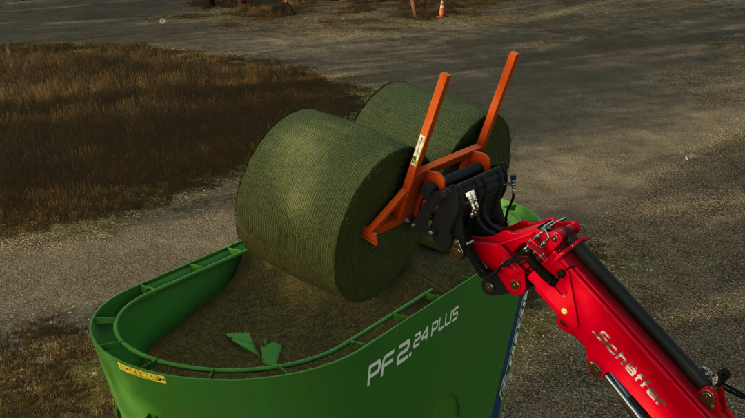 FS25 Bressel And Lade B11 Balefork lifting hay bale in Farming Simulator 25 mod.