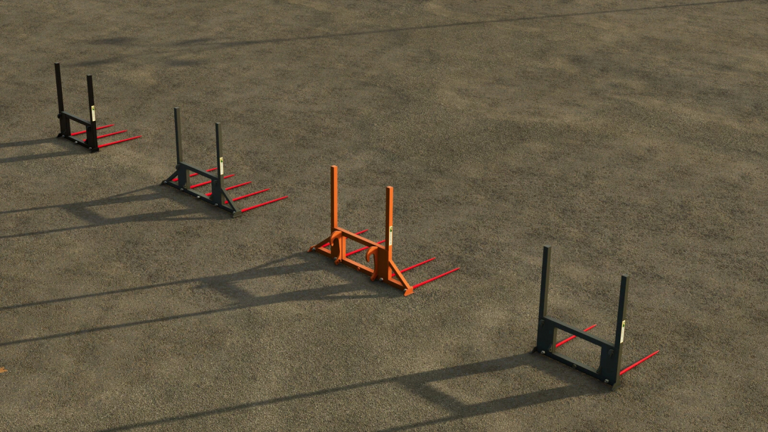 Four Bressel And Lade B11 Baleforks on a concrete surface in FS25 mod.