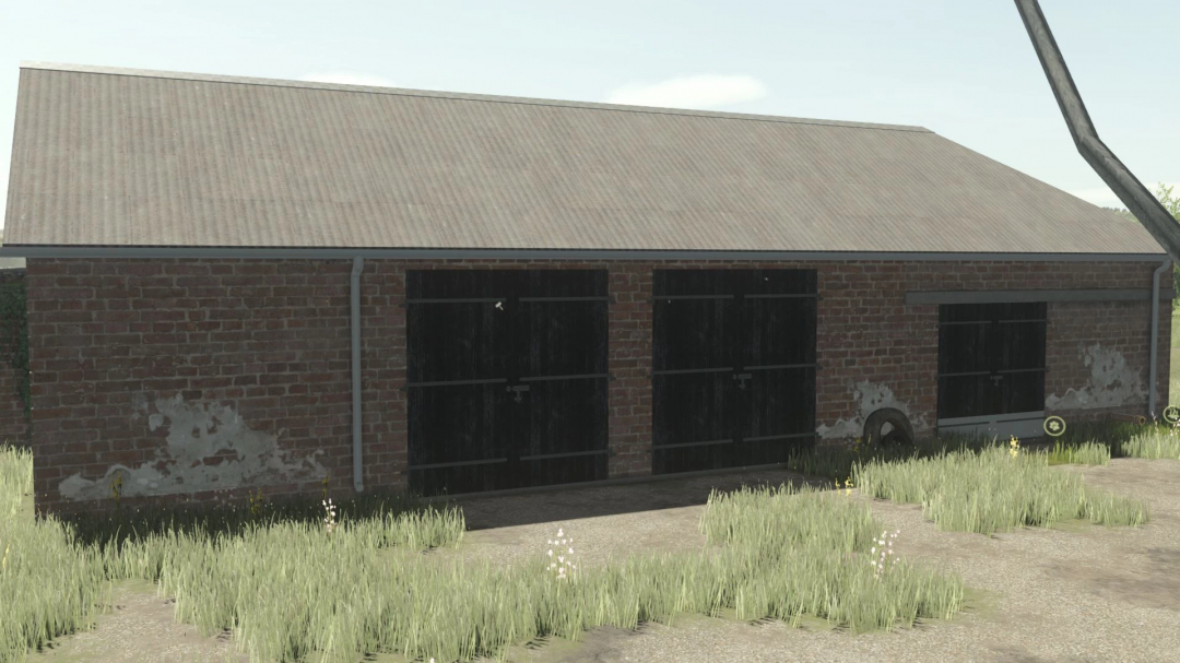 FS25 mod Building With Cows v1.0.0.0 shows a rustic barn with black wooden doors, surrounded by grass.