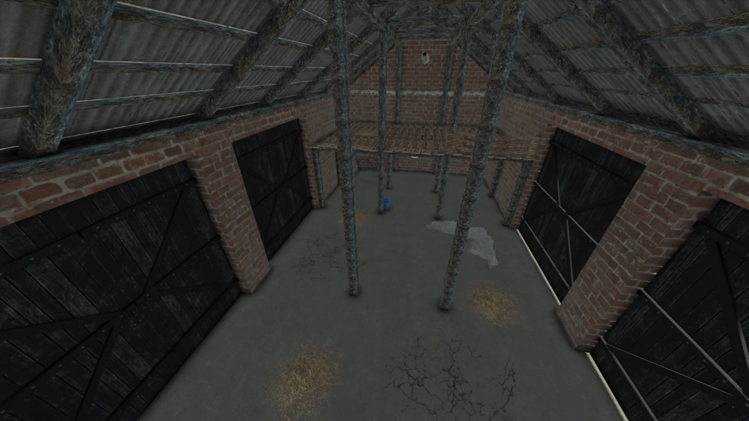 FS25 mod Building With Cows v1.0.0.0, showing an empty barn with wooden beams and brick walls.