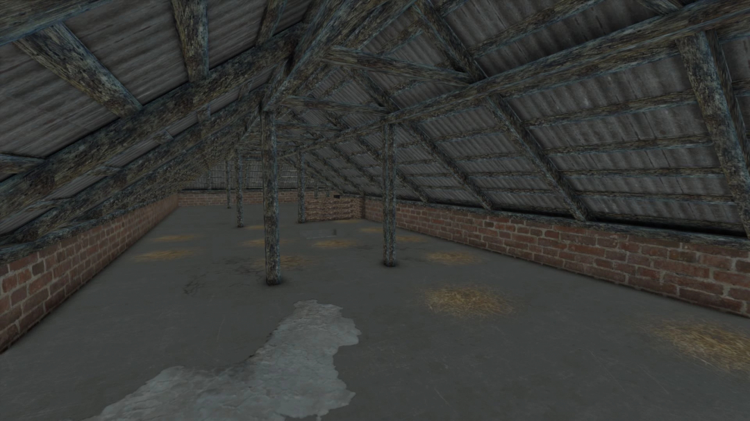 Interior of a cow barn in FS25 mod Building With Cows v1.0.0.0, showcasing wooden roof beams and brick walls.