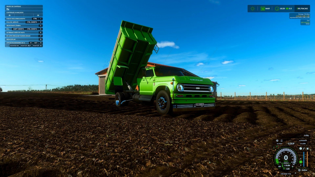 CASAMBA D60 mod for Farming Simulator 25 with a green truck unloading soil in a field. FS25 mods add realism to farming.