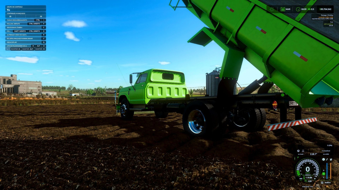 Green CASAMBA D60 truck mod in FS25 game on a field, showcasing unloading function.