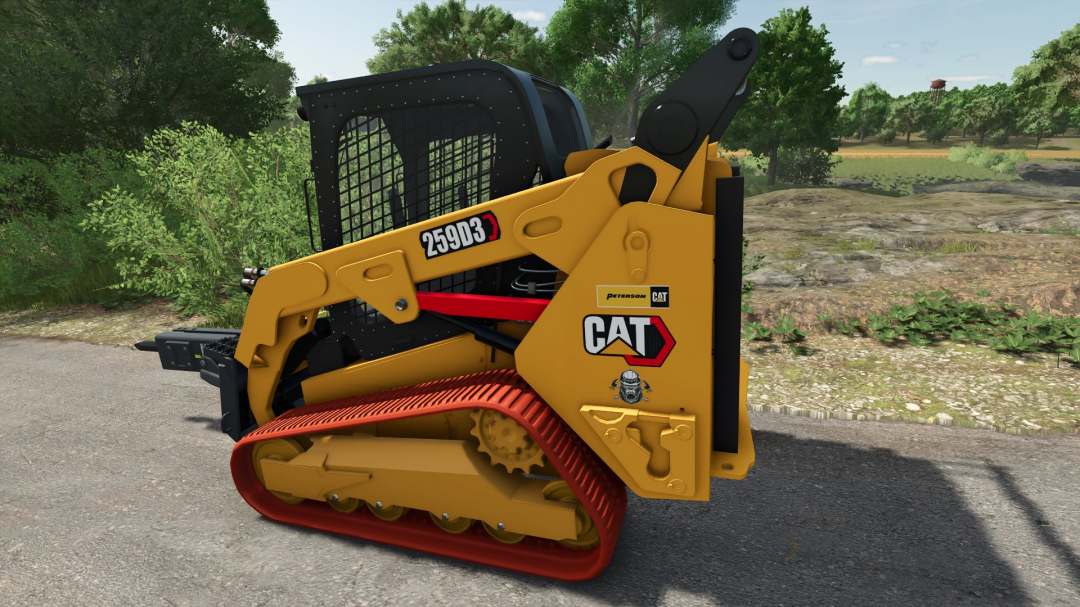 FS25 mod Cat 259D skid steer in Farming Simulator 25, showing yellow vehicle with red tracks on a farm road.