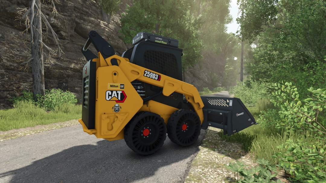 Cat 259D skid steer mod in Farming Simulator 25, viewed on a forest path. FS25 mods enhance gameplay realism.