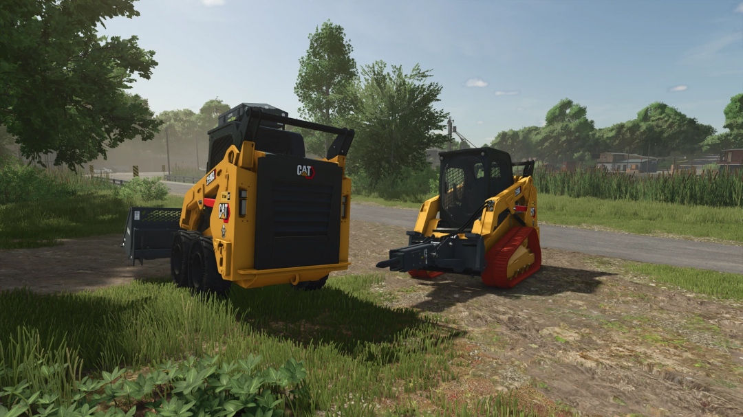 FS25 Cat 259D mod shown in a rural setting for Farming Simulator 25.