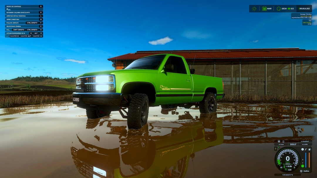 Chevrolet Silverado mod in Farming Simulator 25, v1.0.0.0, featuring a bright green truck reflected in a muddy field.