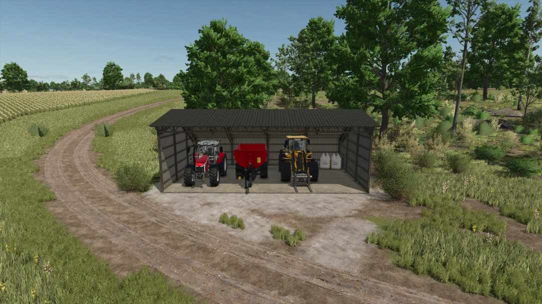 Corrugated shed in FS25 mod housing tractors and equipment surrounded by fields and trees.