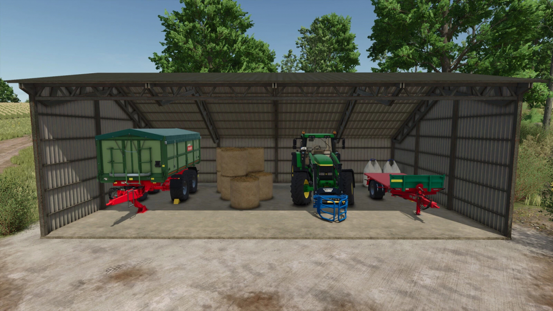 FS25 mod Corrugated Shed v1.0.0.0 with tractor, machinery, and hay bales inside, for Farming Simulator 25.