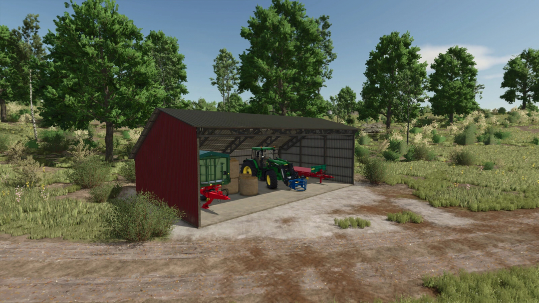 FS25 mod Corrugated Shed v1.0.0.0 showing a red metal shed with a tractor and farming equipment surrounded by trees.