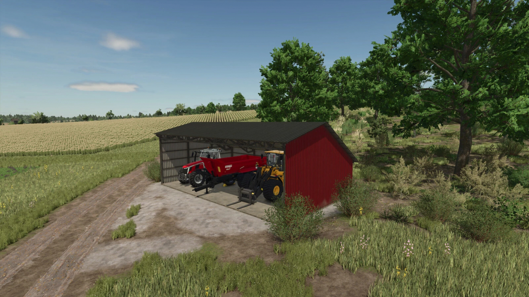 FS25 mod Corrugated Shed v1.0.0.0 in a grassy field, showing farm machinery inside.