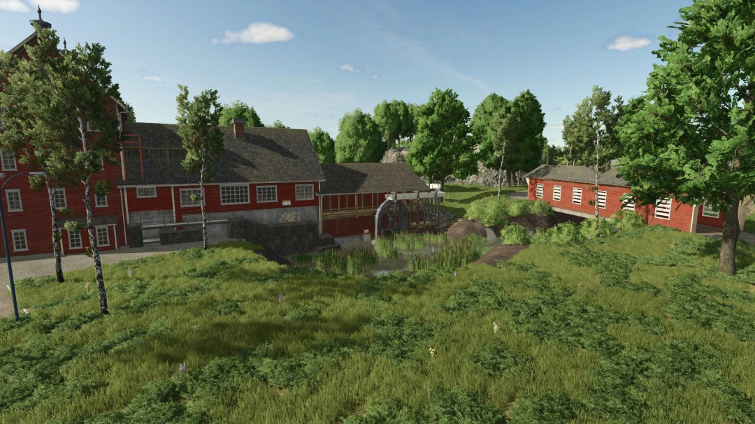 DeathValley Map v1.0.0.0 in FS25 features a lush rural landscape with red buildings and trees.