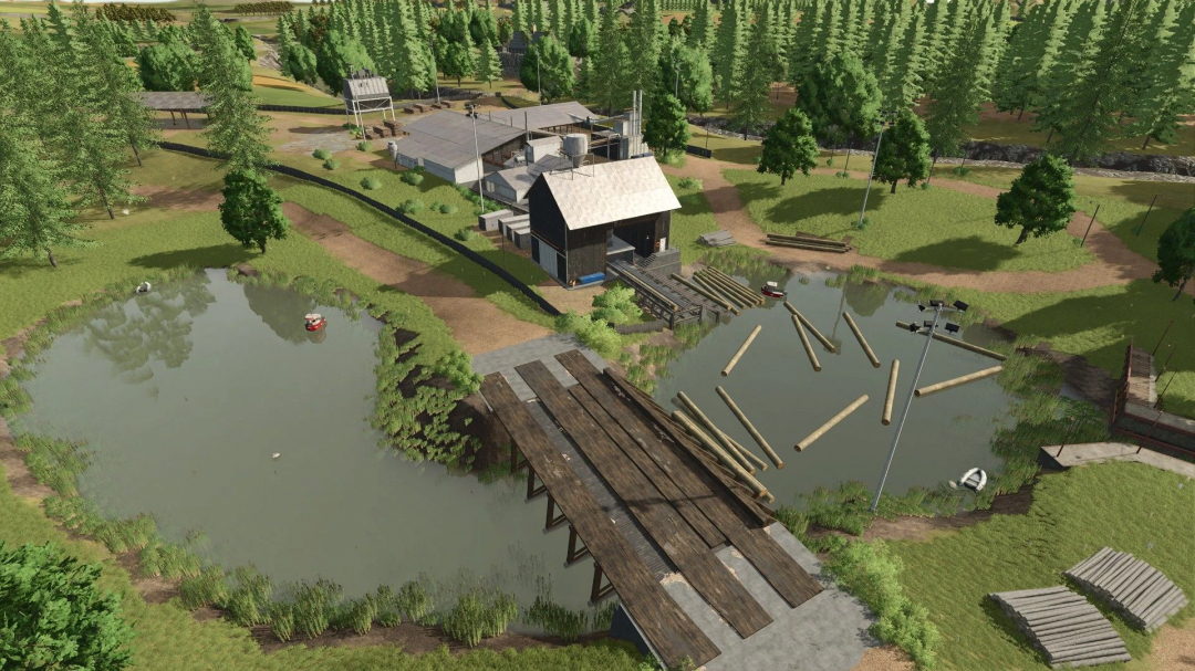 FS25 DeathValley Map v1.0.0.0 featuring a sawmill, logs, and ponds surrounded by a dense forest.