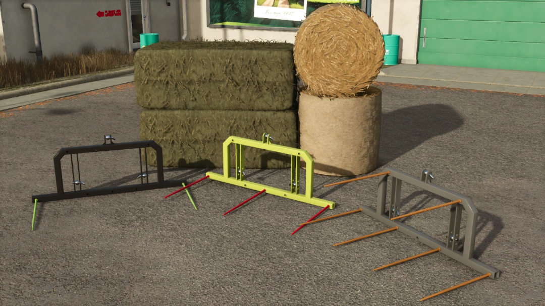 FS25 3 Point Bale Spike mod with various spikes in front of stacked hay bales in Farming Simulator 25.