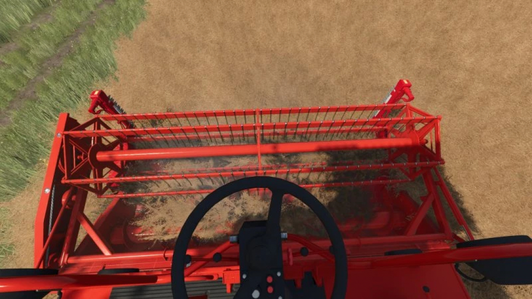 FS25 mod Bizon Z056 WIP v1.0.0.0, showing the harvester's view cutting wheat in Farming Simulator 25.