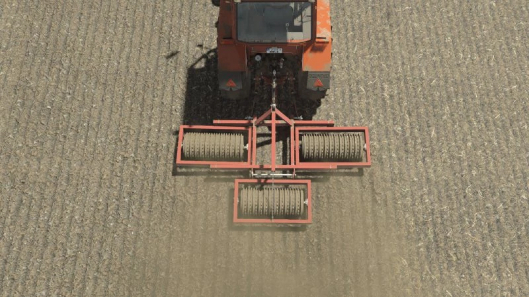 Overhead view of a tractor using the FS25 Cambridge 3.2m mod on a field in Farming Simulator 25.