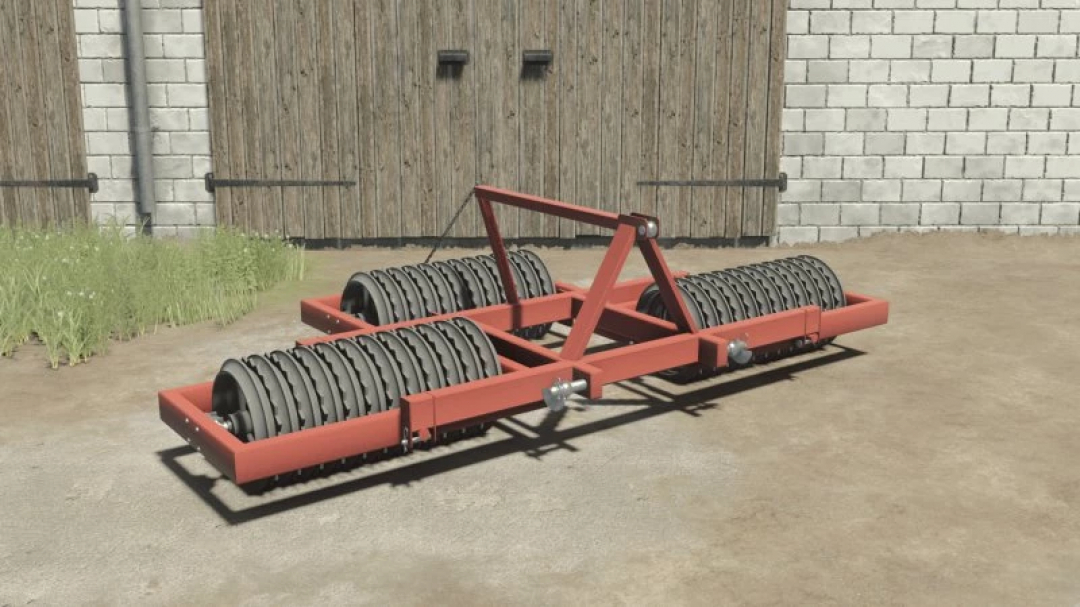 FS25 Cambridge 3.2m v1.0.0.0 mod in Farming Simulator 25, showcasing a red agricultural roller tool in a farm setting.