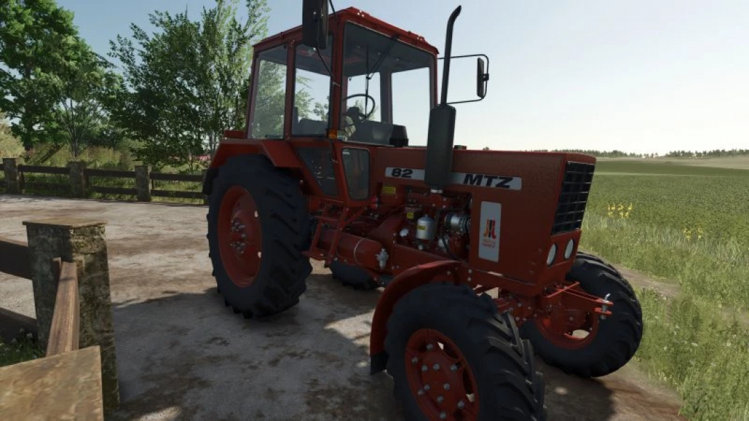 FS25 MTZ 82 v1.0.0.0 mod showcasing a red tractor on a farm in Farming Simulator 25.