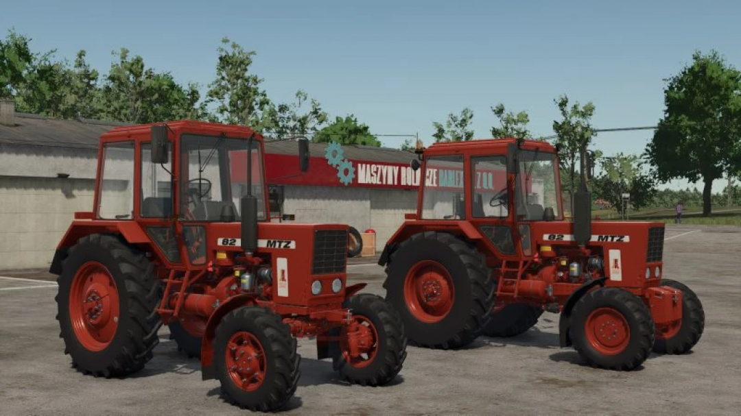 Two red MTZ 82 tractors displayed in Farming Simulator 25 mod v1.0.0.0, showcasing FS25 mods features.