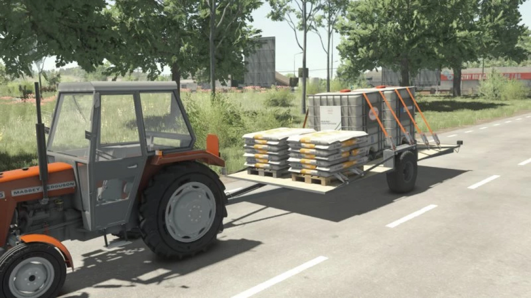 FS25 Old Bale Trailer mod. A tractor pulls a rustic bale trailer loaded with farm supplies in Farming Simulator 25.