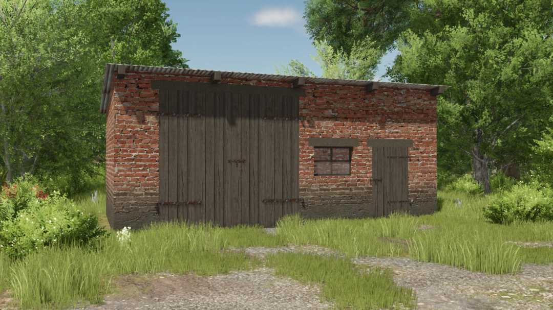 FS25 Old Polish Garage mod with rustic brick building surrounded by greenery in Farming Simulator 25.