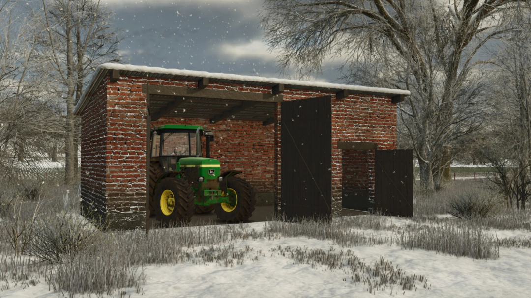 FS25 mods: Old Polish garage with tractor during snowy winter in Farming Simulator 25.