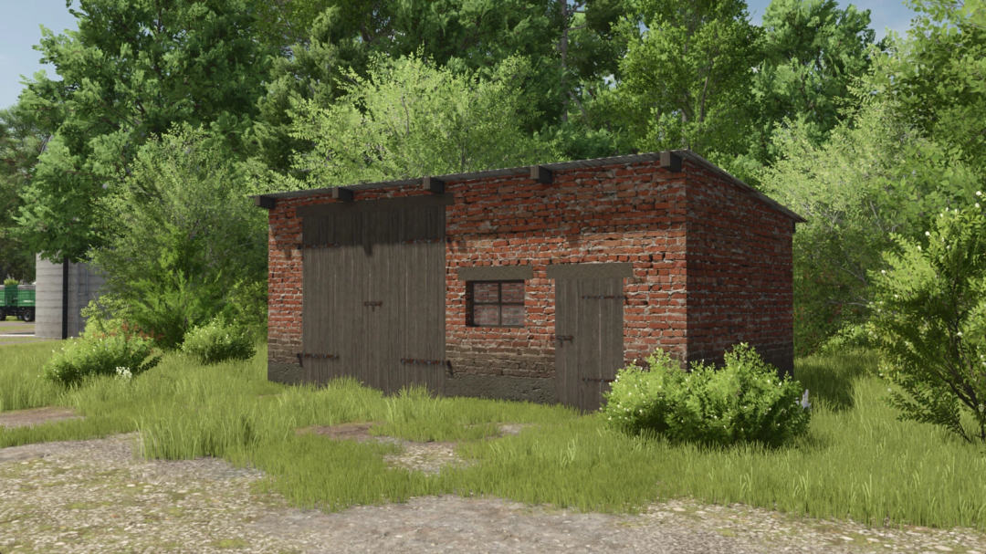 FS25 Old Polish Garage mod: rustic red brick garage surrounded by greenery in Farming Simulator 25.