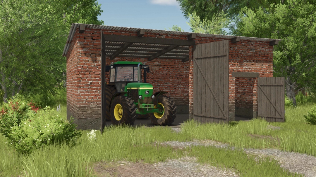 FS25 Old Polish Garage v1.0.0.0 mod showing a rustic brick garage with a green tractor inside, surrounded by lush greenery in Farming Simulator 25.