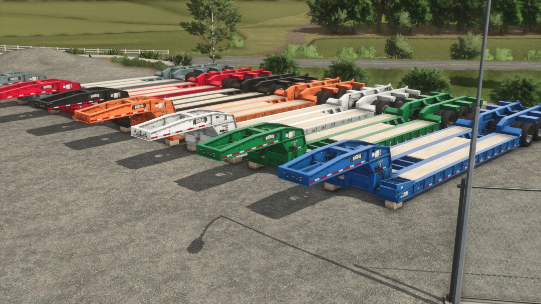 Colorful Rogers SP50 Lowboy trailers in FS25 mod showcase.