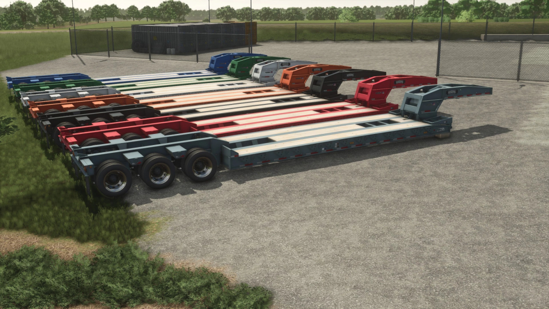 FS25 Rogers SP50 Lowboy trailers in various colors parked in a lot. FS25 mods for Farming Simulator 25.