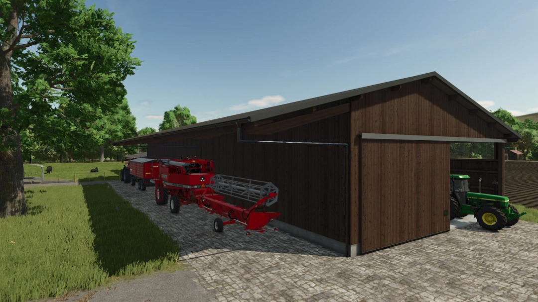 FS25 mod Farm Buildings With Dark Wood features a wooden barn with red farming equipment and a green tractor.