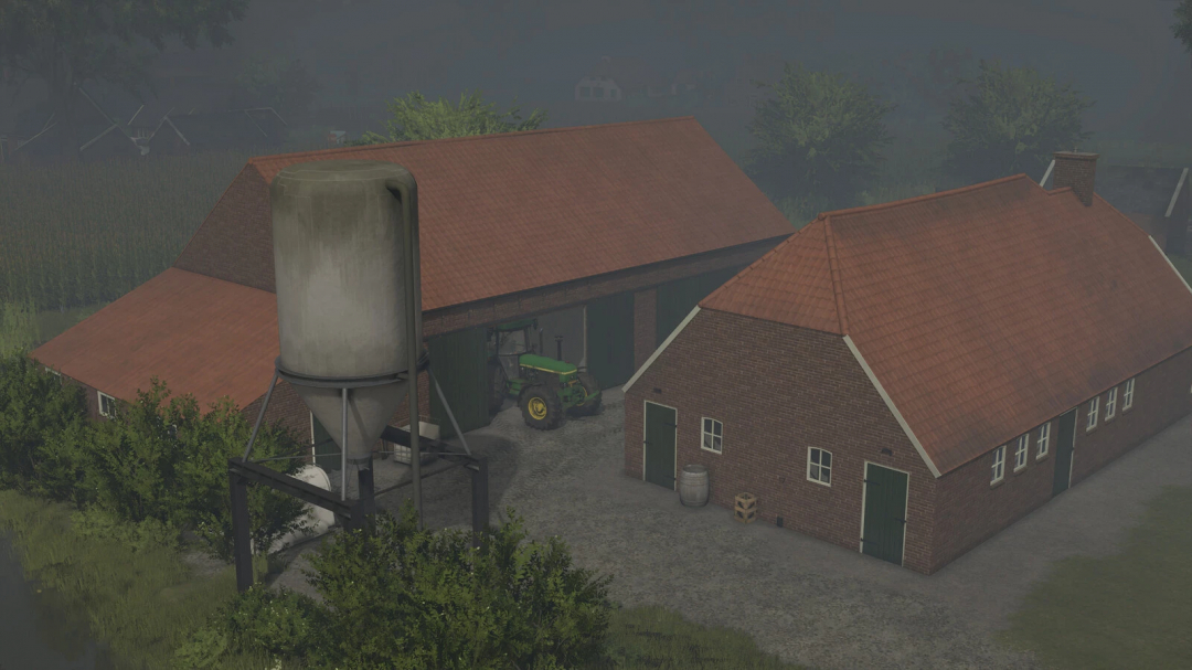 Farmsilo Package mod in FS25 showing a silo and buildings with a tractor.