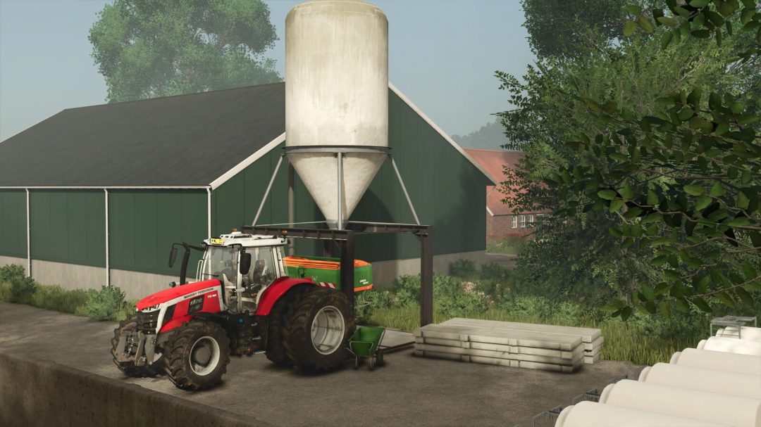 Farming Simulator 25 mod showing Farmsilo Package v1.0.0.0 with a tractor next to a large silo and barn.