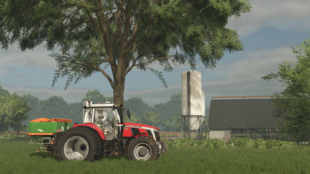 FS25 mod Farmsilo Package v1.0.0.0 image showing a tractor and silo against a barn and trees background.